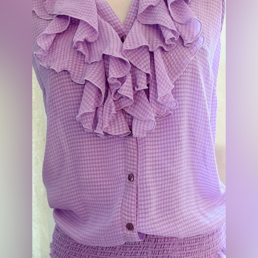 BCX Y2K Women's Lavender Ruffled Gingham Sleeveless Career Office Work Top Small - Picture 7 of 16